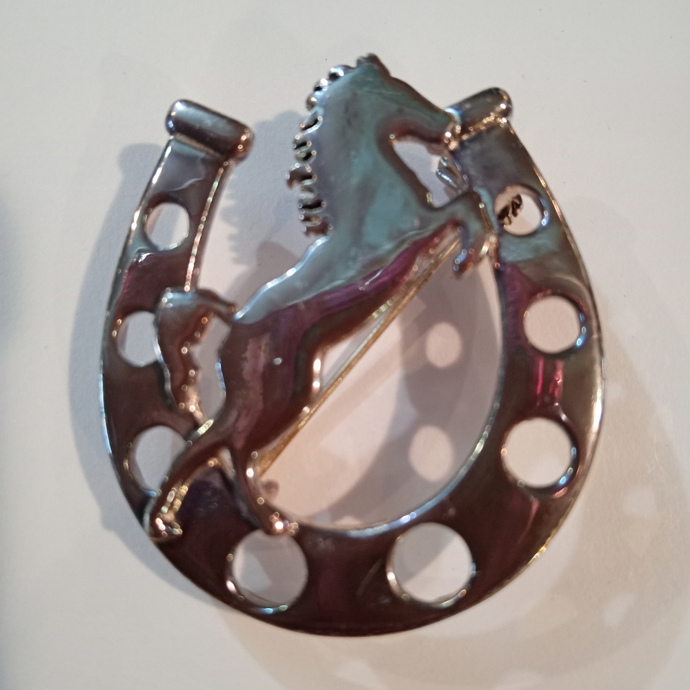 Beautiful Silver Pin Brooch Pendant Horse Stallion In Horseshoe Combo - Picture 3 of 7